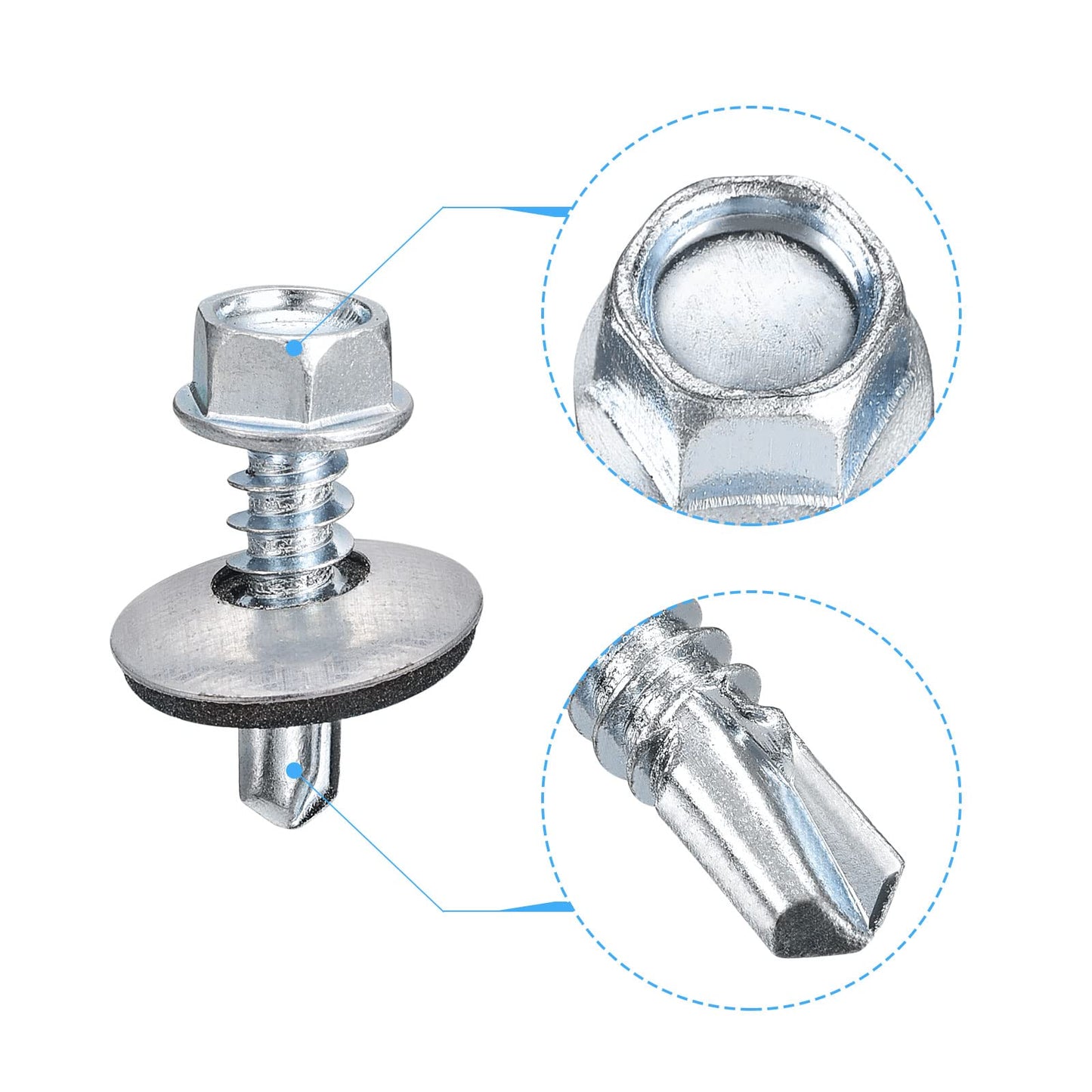 uxcell #12 x 3/4" Self Drilling Screws with Rubber Washer, 100pcs Zinc Plated Steel Roofing Screws Hex Head Self Tapping Screws with EPDM Washer for Metal to Metal