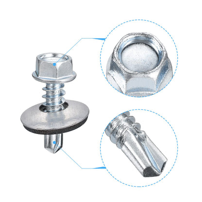 uxcell #12 x 3/4" Self Drilling Screws with Rubber Washer, 100pcs Zinc Plated Steel Roofing Screws Hex Head Self Tapping Screws with EPDM Washer for Metal to Metal