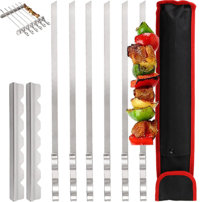 Dicunoy 9 Pcs Metal Barbecue Skewers Shish Kabob Set, 17" Heavy Duty Flat Wide Kabob Skewers for Grilling, Reusable Stainless Steel Flat Shish BBQ Sticks with Rack Stand for Meat, Vegetable Grill