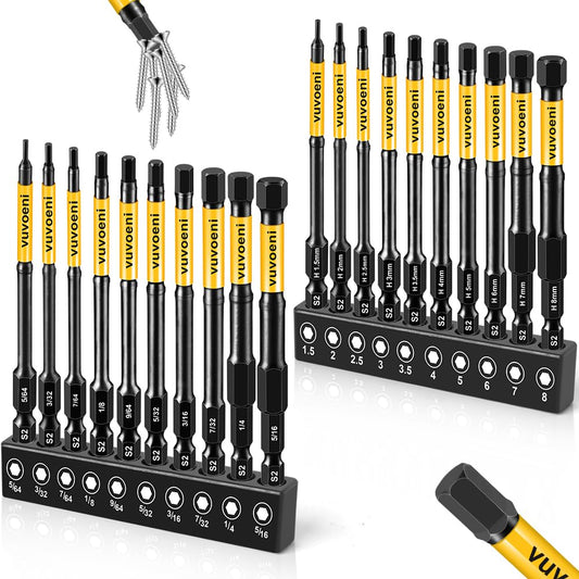 vuvoeni Impact Hex Head Allen Wrench Drill Bit Set 4 in Long (Metric & SAE), 20PCS Allen Bits Magnetism, 1/4'' Hex-Shank S2 Steel for DIY Furniture Assembly & Car Repairs