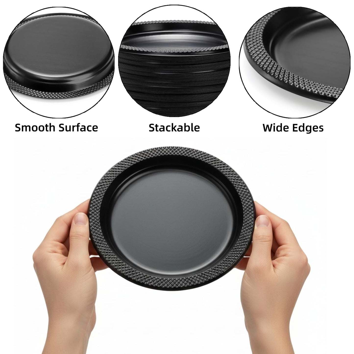 Cididu 200 Pcs Black Disposable Plastic Plates, 6.5 Inch Round Dessert Plates, Bulk Cake Plates Party Plates for Dinner Catering Birthday BBQ Wedding Travel Buffets, Light Weight Appetizer Supplies