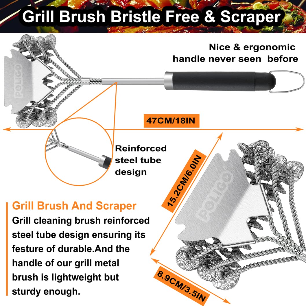 POLIGO Safe BBQ Grill Brush and Scraper Bristle Free Barbecue Brush, Stainless Steel BBQ Brush, BBQ Cleaner Brush for Porcelain Gas Charcoal Grill Efficiently Cleaning - Ideal Gifts for Grill Wizard