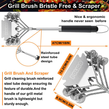 POLIGO Safe BBQ Grill Brush and Scraper Bristle Free Barbecue Brush, Stainless Steel BBQ Brush, BBQ Cleaner Brush for Porcelain Gas Charcoal Grill Efficiently Cleaning - Ideal Gifts for Grill Wizard