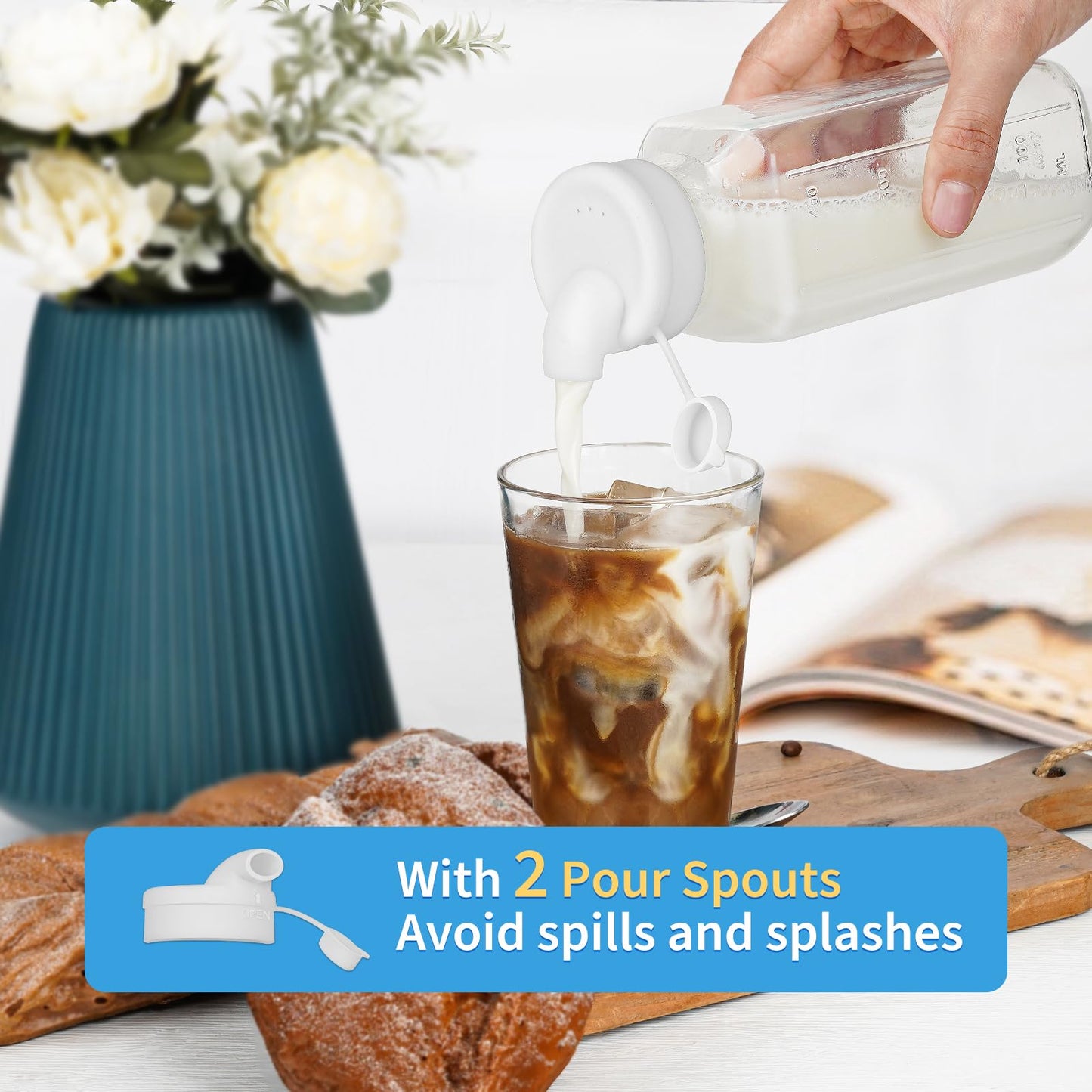 Syntic Glass Juice Bottles with Airtight Lids, 3 Pack Clear Glass Water Bottles with 2 Pour Spouts - 16 Oz Reusable Milk Jug w Scale Mark for Juicing Containers, Breast Milk Storage, Drinking Jar