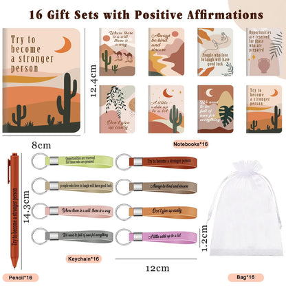 64 Pcs Motivational Mini Notebooks Bulk Set,16Pcs Motivational Quote Notebooks,16Pcs Ballpoint Pens,16Pcs Keychains,16Pcs Packaging Bags,Thank You Gifts for Teacher Colleagues