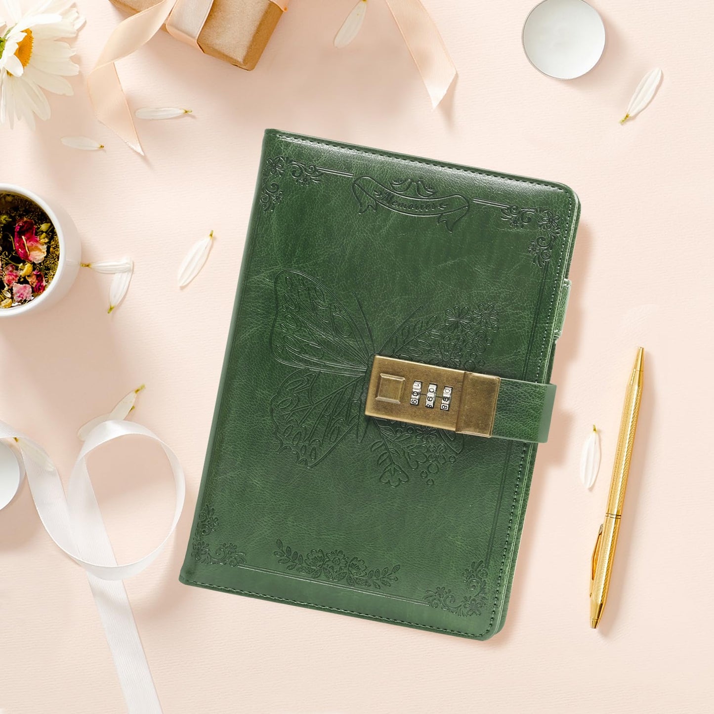 Diary with Lock, Journal for Women Girls, Vintage Refillable Secret Journal, Locking Notebook Gift for Girls with Combination Lock, 5.3'' x 7.8'' (Green)