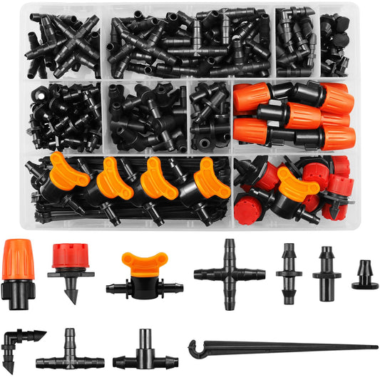 Drip Irrigation Fittings Kit for 1/4" Tubing, 220 Pcs Drip Line Connectors for Drip Systems - Valves, Nozzles, Micro Drips, Single barbs, 4 Way Cross, Tees, Couplings, End Plugs, Elbows, Hose Stakes