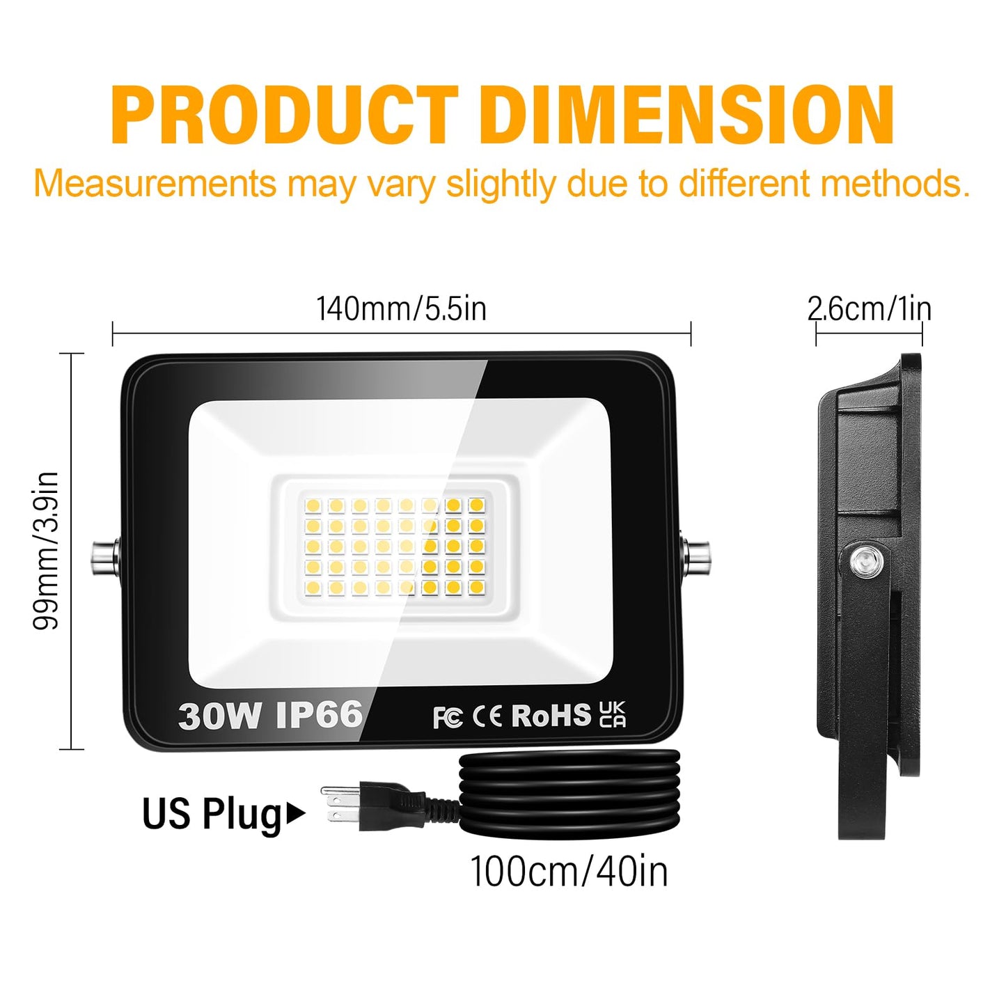 Willpower 2PCS Outdoor LED Floodlights 30W 3000LM, Flood Lights with Plug, LED Security Lights 3000K Warm White Job Site Work Lamp IP66 Waterproof for Garden Garage Yard Lawn Court Workshop Patio