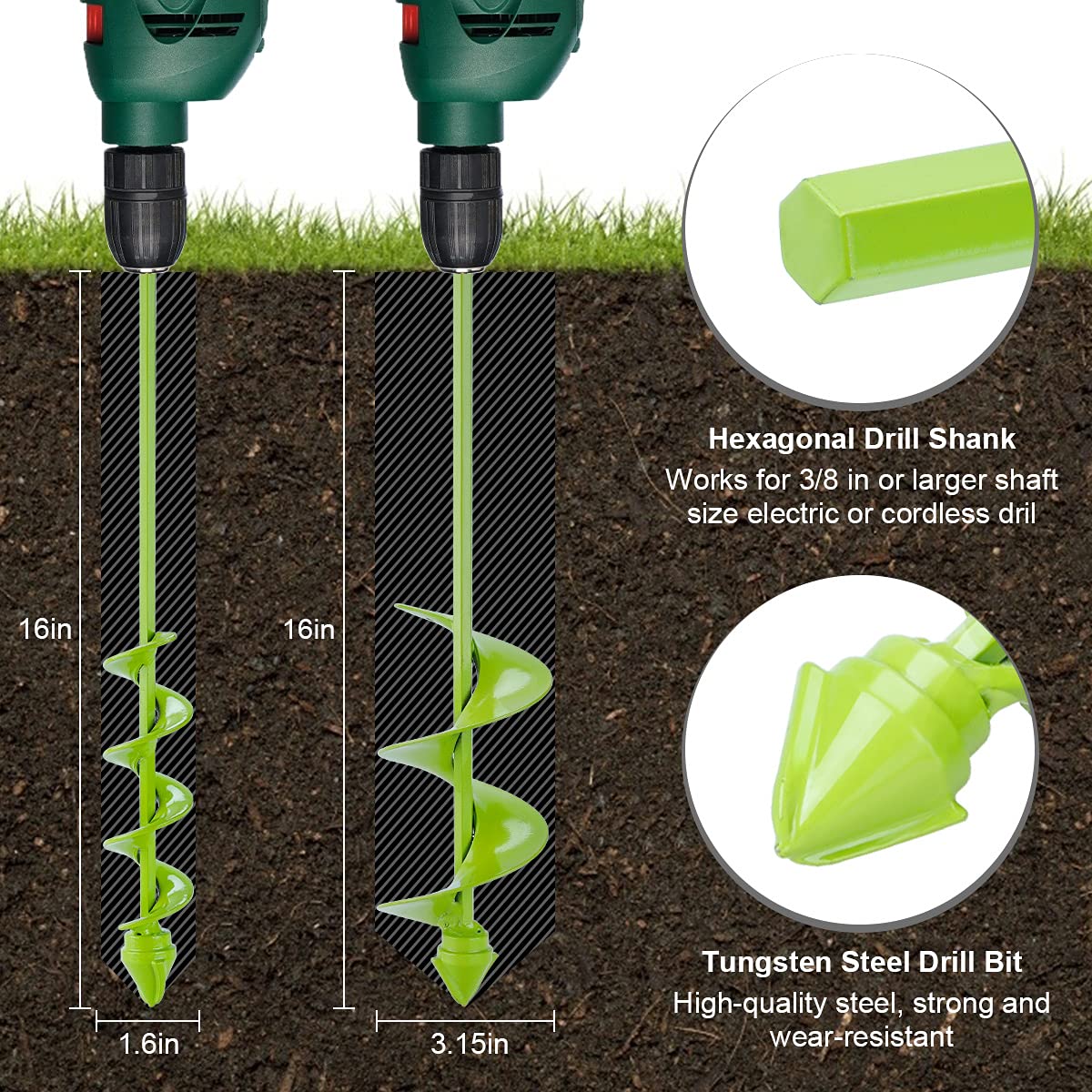 SLIIMU Auger Drill Bit for Planting, 1.6"x16" & 3.15"x16" Heavy Duty Steel Drill Head Garden Auger Spiral Drill Bit Set,Earth Bulb Auger Drill Planter,Soil Post Hole Digger for 3/8" Hex Cordless Drill
