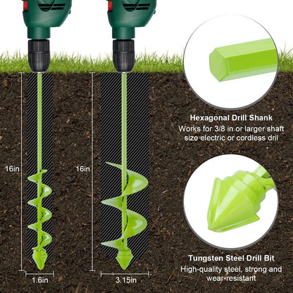 SLIIMU Auger Drill Bit for Planting, 1.6"x16" & 3.15"x16" Heavy Duty Steel Drill Head Garden Auger Spiral Drill Bit Set,Earth Bulb Auger Drill Planter,Soil Post Hole Digger for 3/8" Hex Cordless Drill