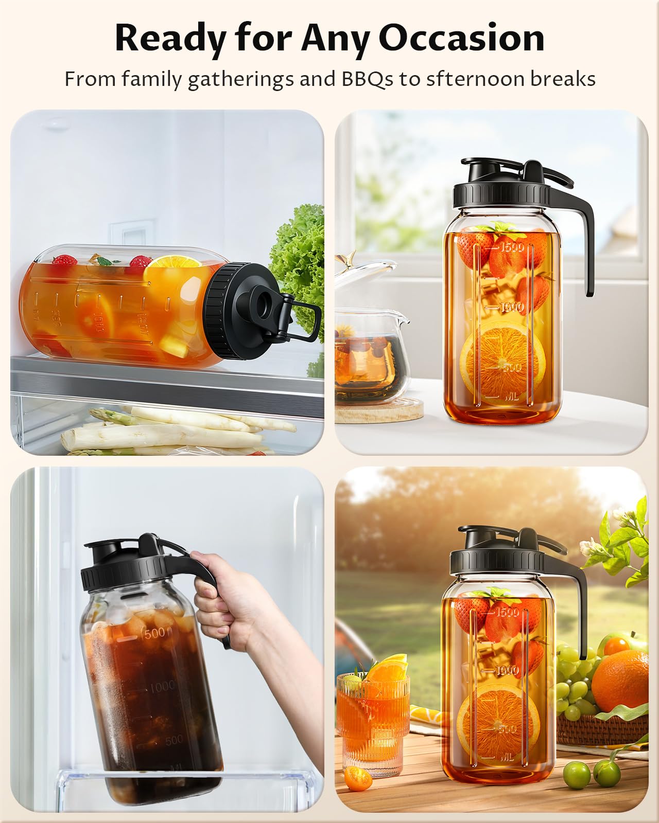 VA1KENE 64oz Glass Pitcher with Lid and Handle – Mason Jar Style Water Jug with Spout, Wide Mouth Glass Pitcher for Sun Tea, Juice, Breast Milk, Cold Brew & More