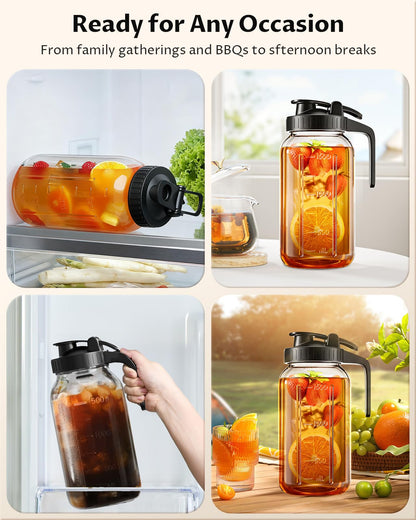 VA1KENE 64oz Glass Pitcher with Lid and Handle – Mason Jar Style Water Jug with Spout, Wide Mouth Glass Pitcher for Sun Tea, Juice, Breast Milk, Cold Brew & More