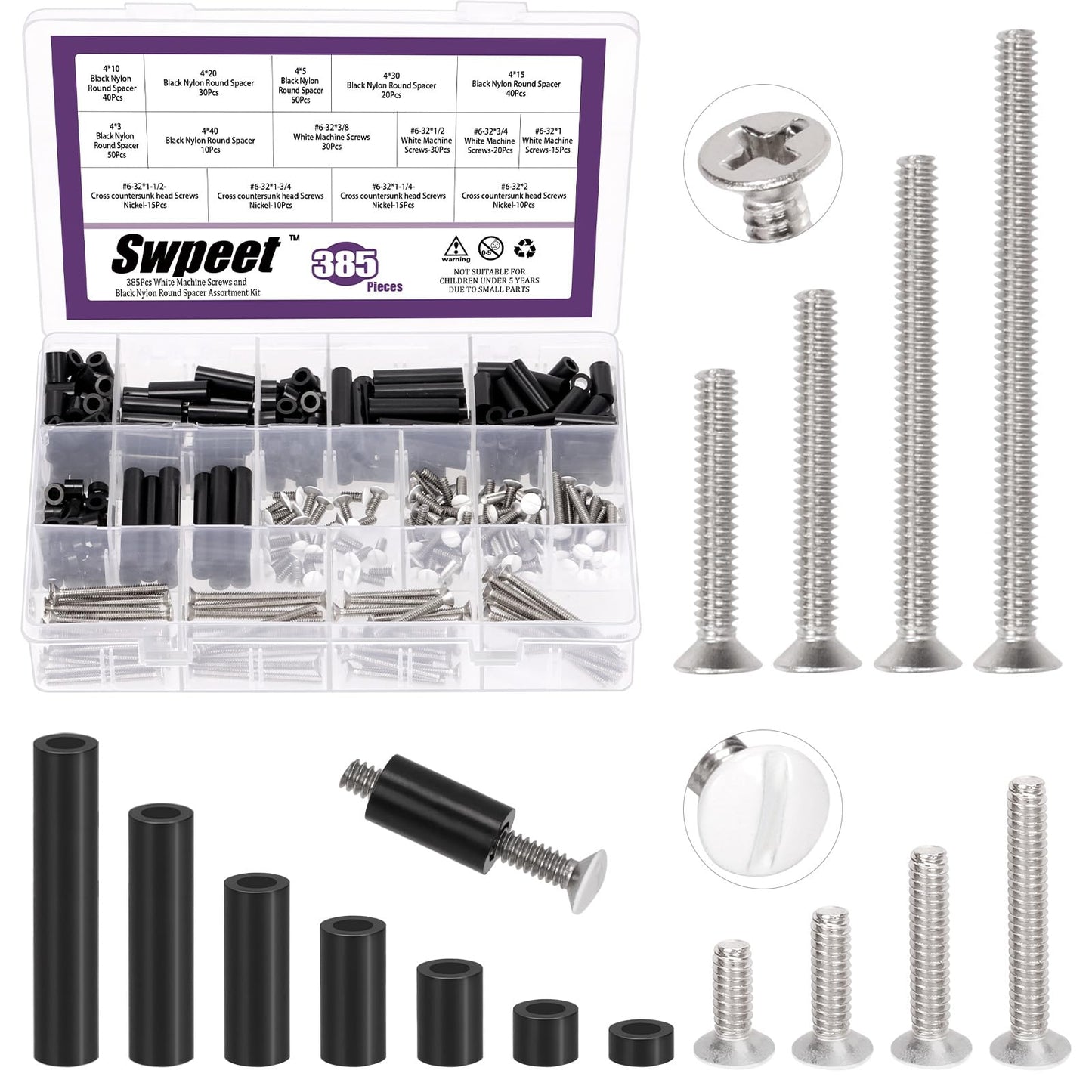 Swpeet 385Pcs 6-32 Thread Extra Long Outlet Screws, Slotted Wall Plate Screws and Electrical Outlet Spacers Extender Kit, Electrical Outlet Screws, Switch Plate Screws, Nylon Round Space