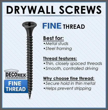 #6 x 1-1/4" Drywall Screws – Fine Thread, Phillips Drive, Sharp Point, Bugle Head, Black Phosphate – Contractor-Grade Drywall & Wood Fasteners + Driver Bit Included (500pcs)