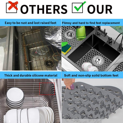 Wonninek Silicone Kitchen Sink Mat, 2 PCS Kitchen Sink Protector Grid Accessory with Rear Drain, Non-Slip Heat Resistant Sink Mats for Bottom of Farmhouse Stainless Steel Sink (Grey 13.6''x11.6'')