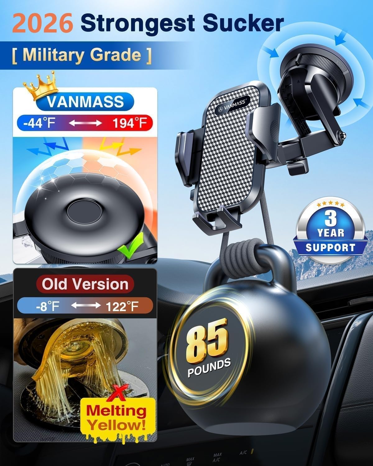 [2026 True Military-Grade] Car Phone Holder VANMASS [Upgraded Strongest Suction & Clip] Cell Phone Mount for Dashboard Windshield Vent Desk, Truck Cradle Stand for iPhone 17 Pro Max 16 15 14 Android