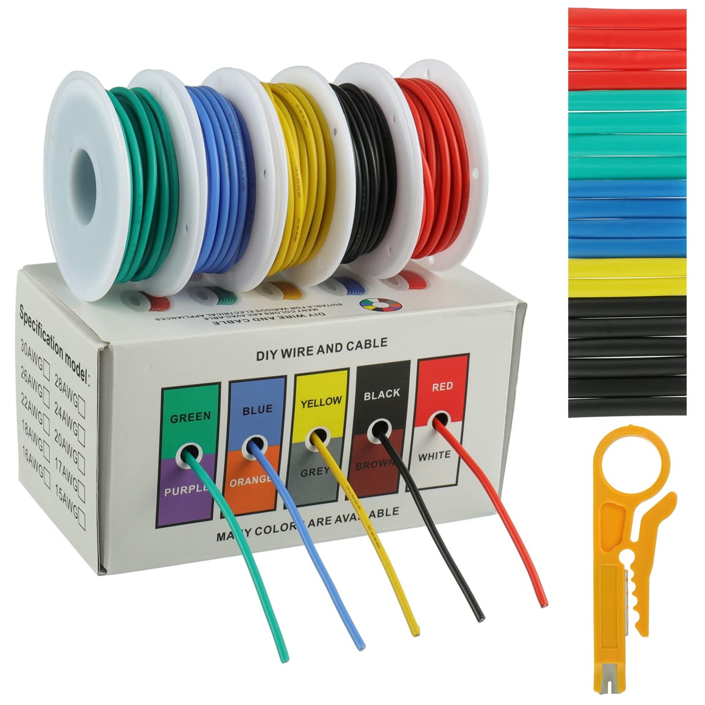 BOJACK 18 AWG Flexible Silicone Wire Electric Wire Hook up Wire Kit 300V Cables with Plus 20 φ3mm Heat Shrink Tubings and a Mini Wire Stripper(5 Colors 16.4Ft Each Color, 18AWG