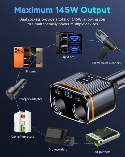 6 in 1 Cigarette Lighter Adapter with PD45W Charging, AKAARI 145W Car Charger Adapter, 24V/ 12V Cigarette Lighter Splitter with 1 USB-C, 2 USB-A Charger and Super Fast PD45W Charging, Voltage Display