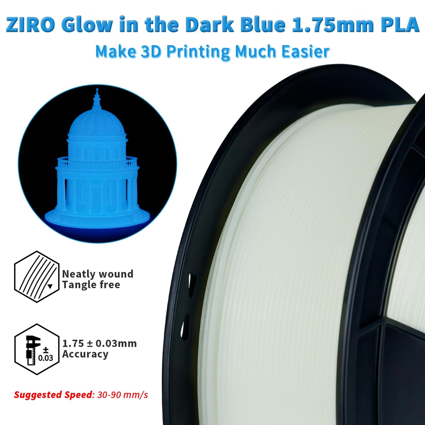 ZIRO Glow in The Dark Filament, PLA Filament 1.75mm, Luminous 3D Printer Material, Strong Glow Effect 1KG(2.2lbs) Spool, Dimensional Accuracy +/- 0.03mm, fit Most FDM 3D Printers, Blue