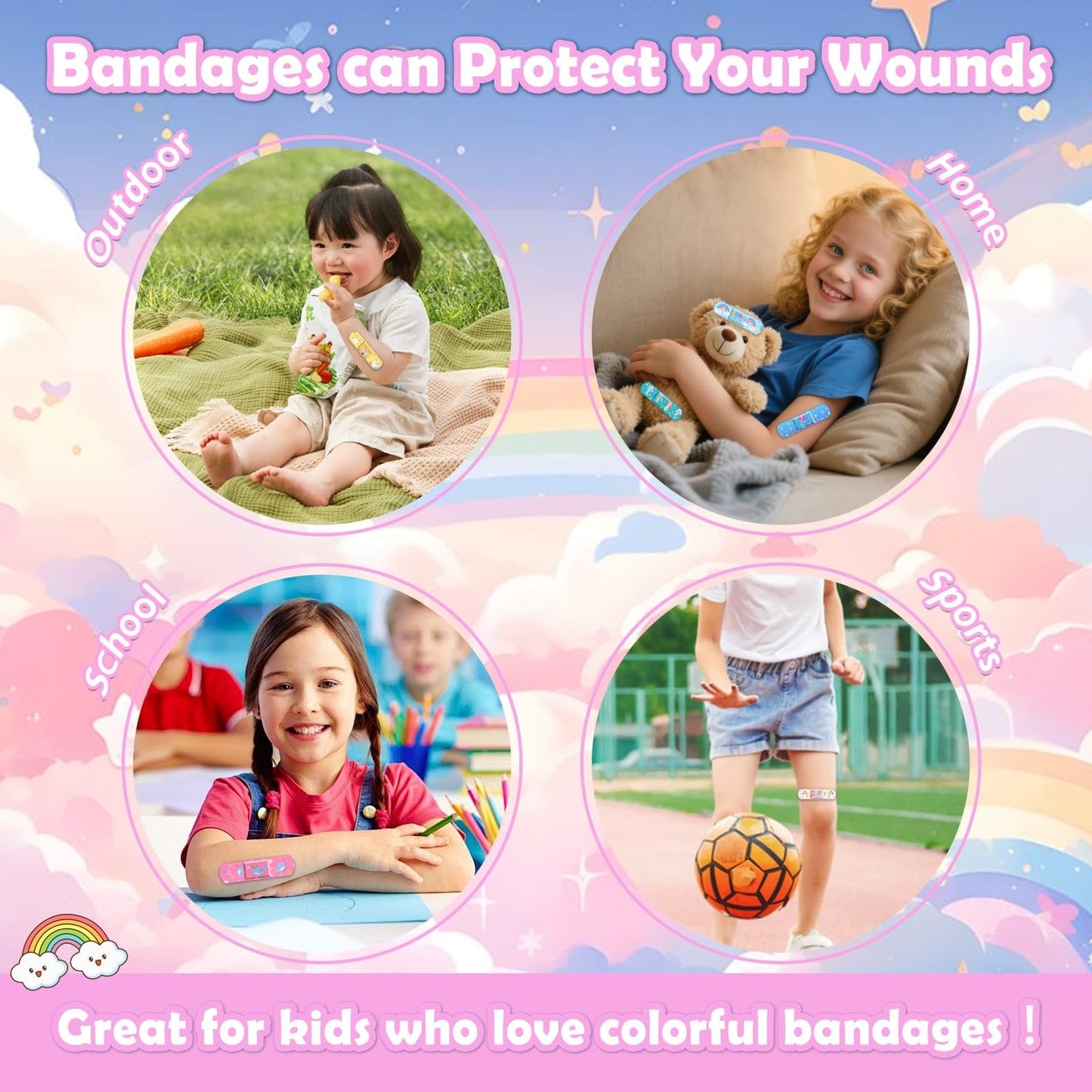 Sublaga 33 Styles Kids Cartoon Bandages 300 Pcs Adhesive Flexible Unicorn Bandages Cartoon Bandaids Variety Pack Waterproof Breathable Protect Scrapes and Cuts for Girls Boys Children Toddlers(Cute)