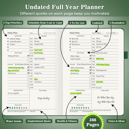 Planner, Undated Daily Planner with To Do List, 365 Days Planner for ADHD Adult, Agenda for Women Men, Hourly Planner Notebook for Goal Setting, Productivity Planner with Calendar, 8.3" x 5.8" (Green)