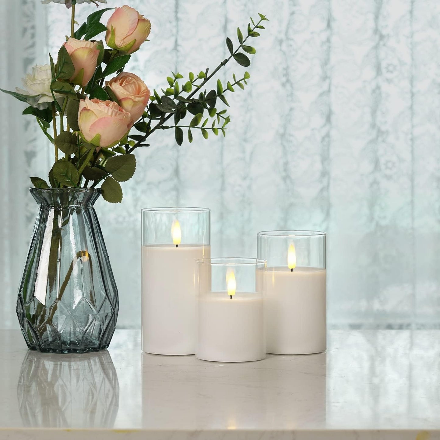 Clear Glass Flameless Candles Battery Operated with Timer, Remote Control, LED Pillar Candles Battery Powered, D3 H4 5" 6", Set of 3 (White)