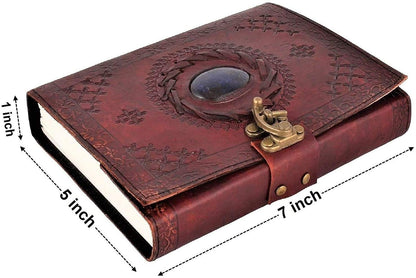 Tuzech Leather Journal Large Writing Notebook - Handmade Leather Bound Vintage Journal For Women and Men with Lock And Semi-Precious Stone Gift For Art Sketchbook, Travel Diary And Notebooks To Write In 7 by 5 Inches (Brown)