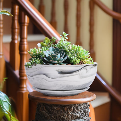 8in Marble Large Round Succulent Planter Pot Modern Flower Pot Indoor and Outdoor Planter with Marble Tray