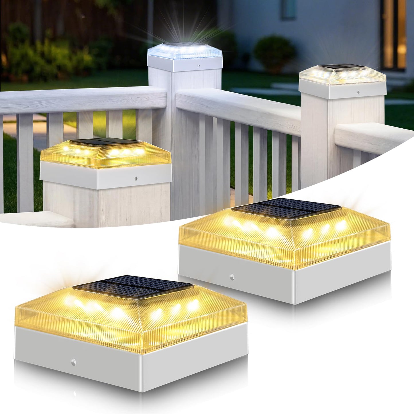 vighep 4x4 Solar Post Caps Lights, 2 Pack 3 Color Modes Outdoor Fence Post Solar Powered Lights, IP65 Waterproof Deck Post Light for Wooden/Vinyl Posts, Patio, Garden-White