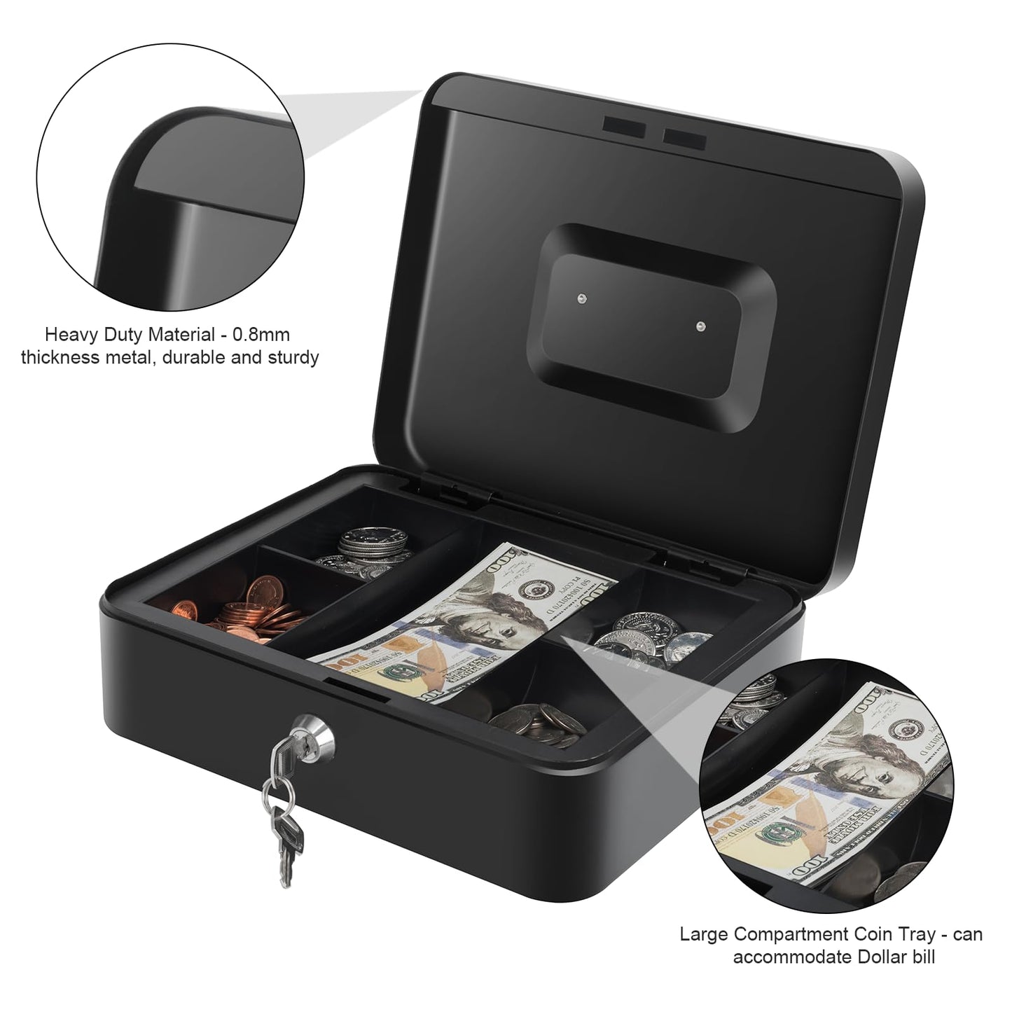 Cash Box with Money Tray and Lock, Large Metal Lock Box for Money Safe 9.84 x 7.87 x 3.54 Inches - Black