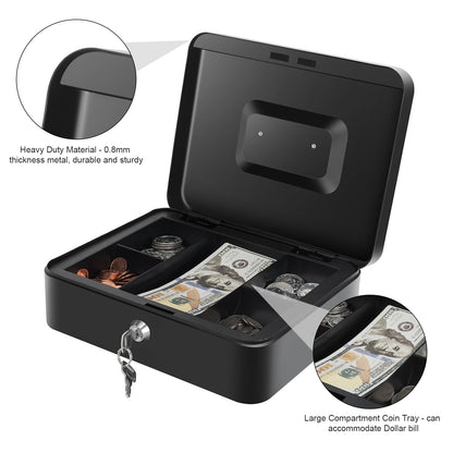 Cash Box with Money Tray and Lock, Large Metal Lock Box for Money Safe 9.84 x 7.87 x 3.54 Inches - Black