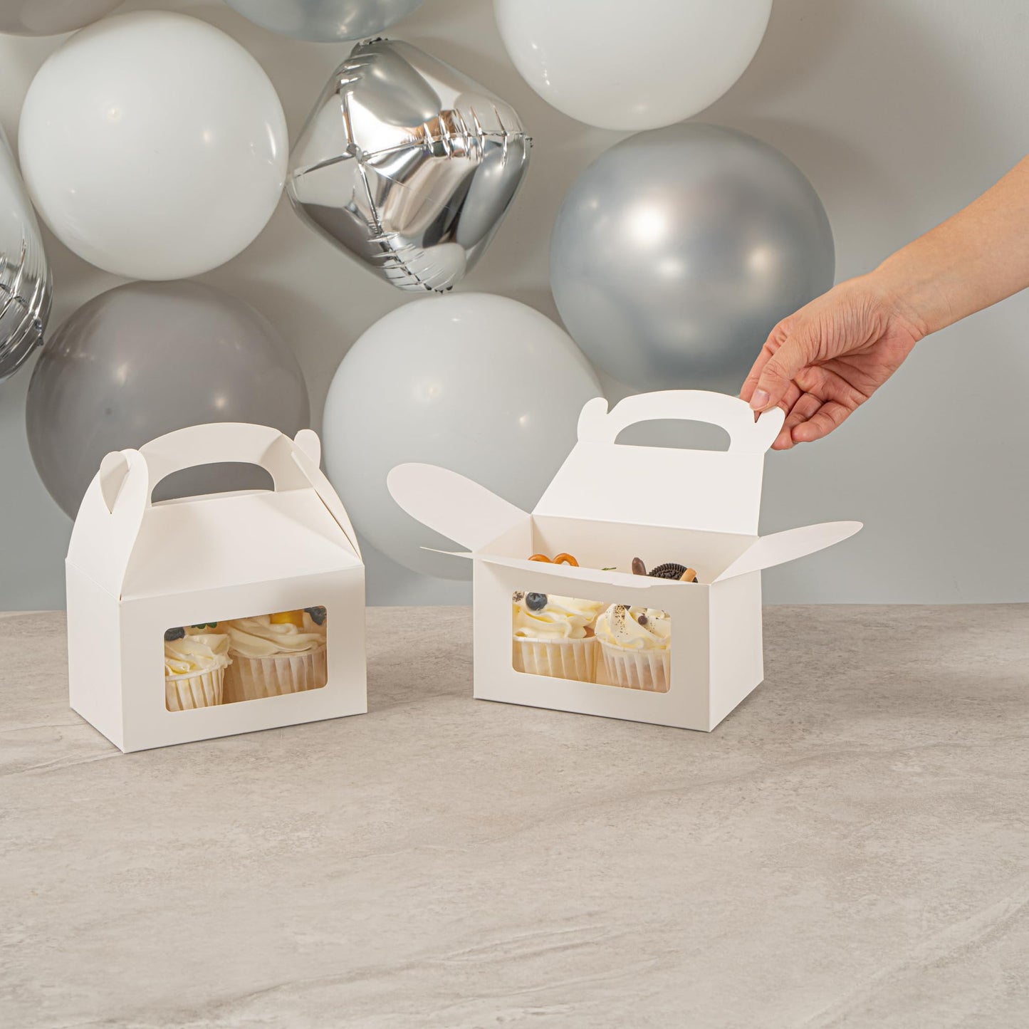 Restaurantware Gable Gift Boxes Pack of 100 Greaseproof Paper Treat Boxes 6 x 3.5 x 3.5 Inches With Window, Disposable Design White Containers for Weddings or Birthdays