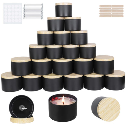 CONNOO 24 Pack Candle Tins, 12pcs 8 OZ & 12pcs 4 OZ Black Jars with Metal Wood-Grain Lids for Making Candles, Bulk Empty Containers for Candle Making, Wick Kit Included