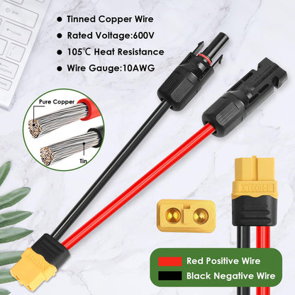 MOOKEERF Solar to XT60 Extension Cable 10AWG 6FT Solar Connector to XT60 Adapter Cable for Portable Power Station Battery Pack