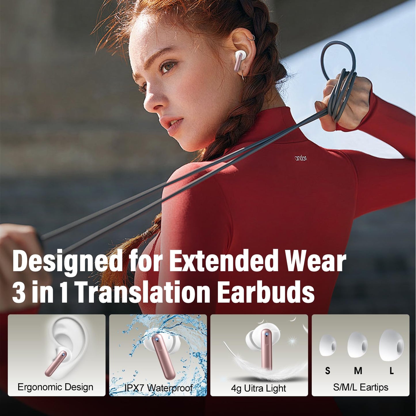 Ai Translation Earbuds Real Time with Audio and Video Calls, 3-in-1 Buletooth 5.4 Translator Earbuds, 164 Languages Translator Earphones, 6 Translation Modes Ear Buds, 42H Translation Headphones Rose