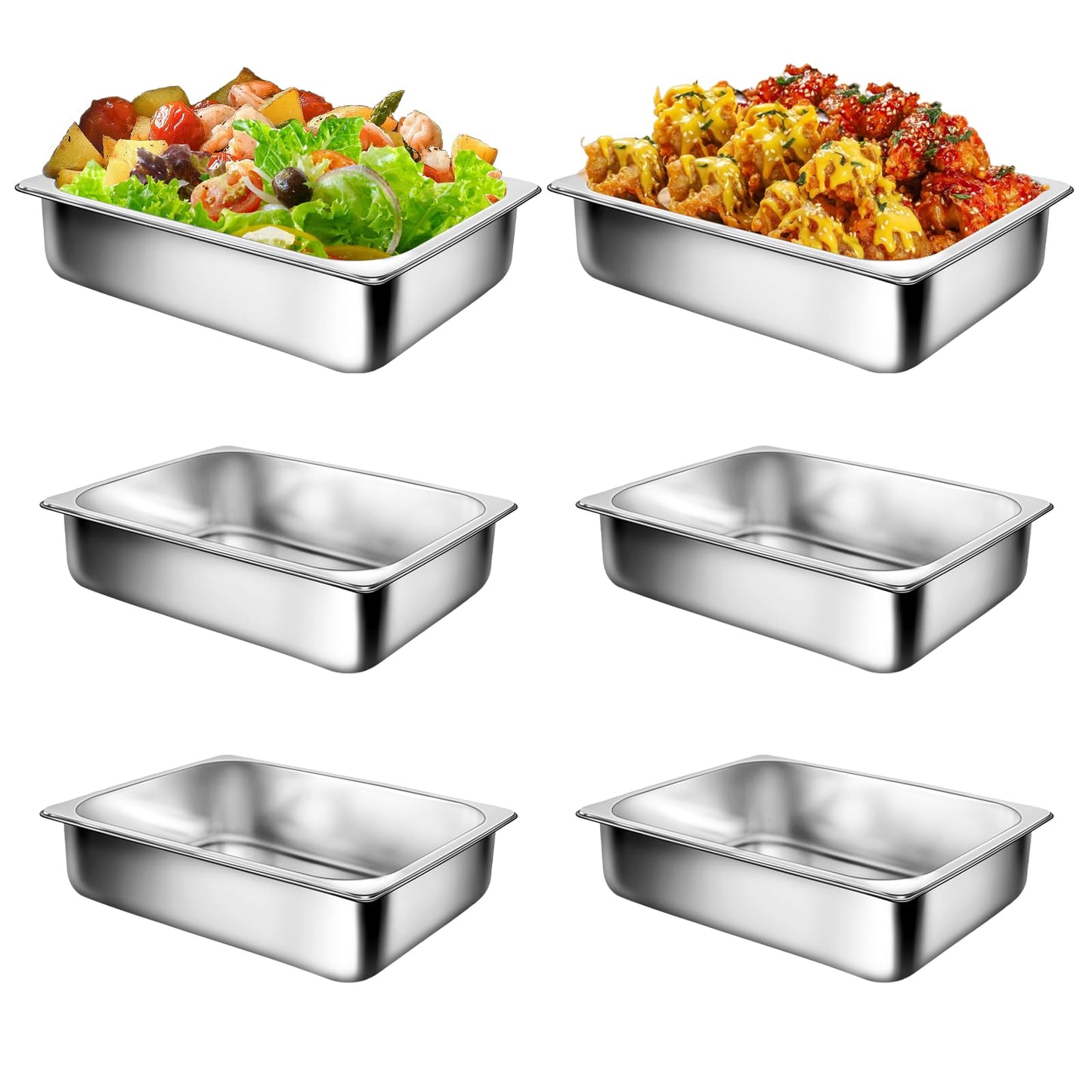 6 Pack 1/3 Size 2.5 Inch 304 Stainless Steel Hotel Pans: (12.8″ x 6.8″ x 2.5″) [2X Thicker] [Dishwasher Safe] 100% Food-Safe,Steam Table Pan for Restaurants, Catering, and Parties