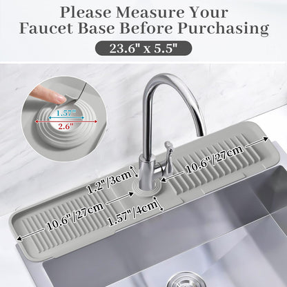 PoYang 24 inch Kitchen Sink Splash Guard, Silicone Draining Mat for Sink Longer Silicone Faucet Drainer Pad, Sink Protector for Kitchen Sink Mat, Sponge Holder for Kitchen Sink Accessories, Light Grey