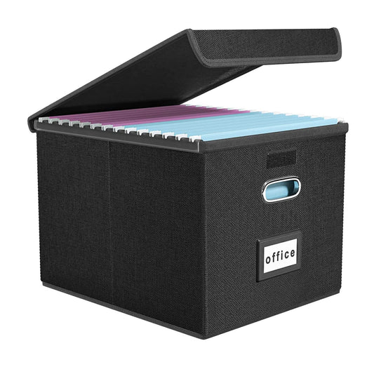 WEIANG Portable File Organizer Box, File Storage Box with Lid, Collapsible Linen Hanging Filing Storage Boxes with Plastic Slide, Durable Hanging File Box for Office/Decor/Home (Black,1pc)