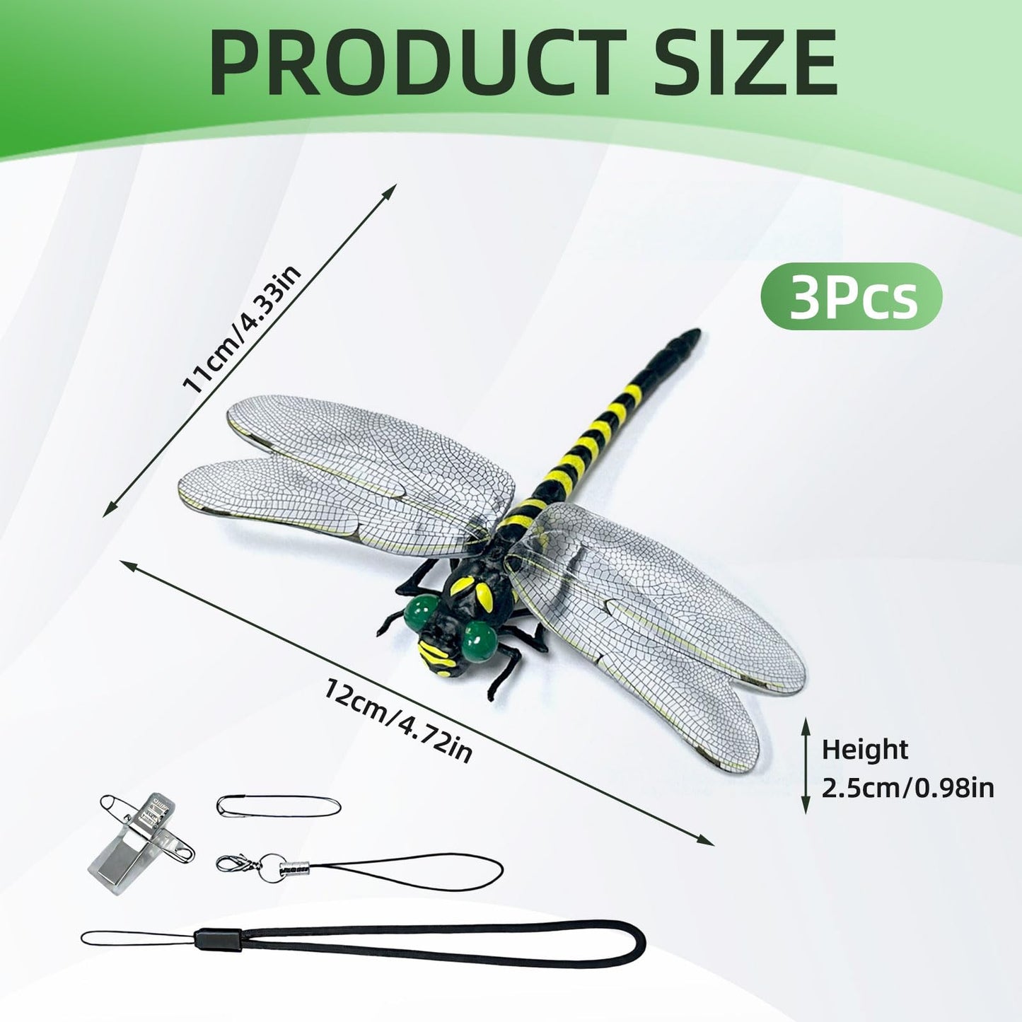 Realistic Dragonfly Clips - Large Artificial Simulated Dragonfly Pins for Clothing/Backpacks/Hats, Natural Fly Repelling Decor for Camping & Outdoor Activities (Green-3pcs)