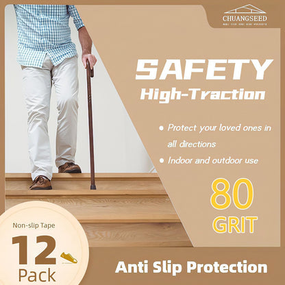 CHUANGSEED 12-Pack Non-Slip Stair Traction Tape 4''x30'' Black Anti Slip Tape 80 Grit Outdoor Treads Grip Tape- Waterproof Heavy Duty Anti Skid Strips for Steps,Deck,Staircase (Black, 4" x 30" x 12P)
