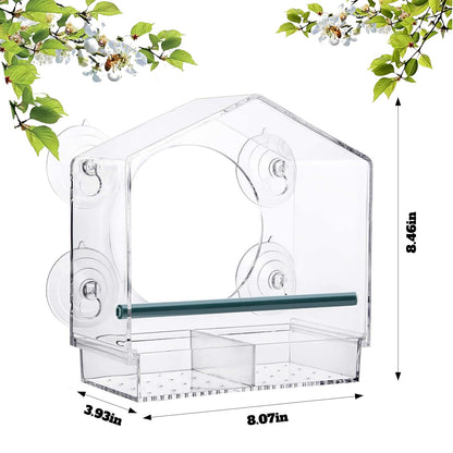 Window Bird-Feeder with 4-Strong Suction-Cups - Large Clear Acrylic Bird House for Outside Wild Birds - Removable Tray & Drain Holes - Up Close Viewing for Cats, Elderly (Color002)
