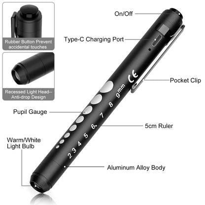 RISEMART Pen Light for Nurse, 2Packs Rechargeable LED Medical Pen Light, Warm&Cool White Light, Portable Medical PenLight for Nurse, Doctor, First Aid, EMT, Nursing,Nursing Student (Black+Silver)