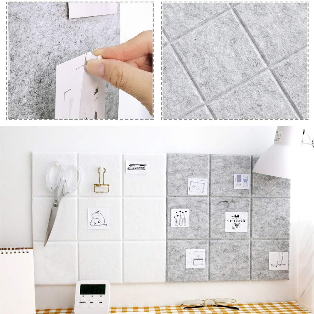 36" x 24" Large Black Cork Board Alternative - 6 Pack Felt Bulletin Board with 30 Push Pins, Felt Wall Tiles Pin Board for Walls Office Home School Decor, Aesthetic Cork Squares, Light Gray