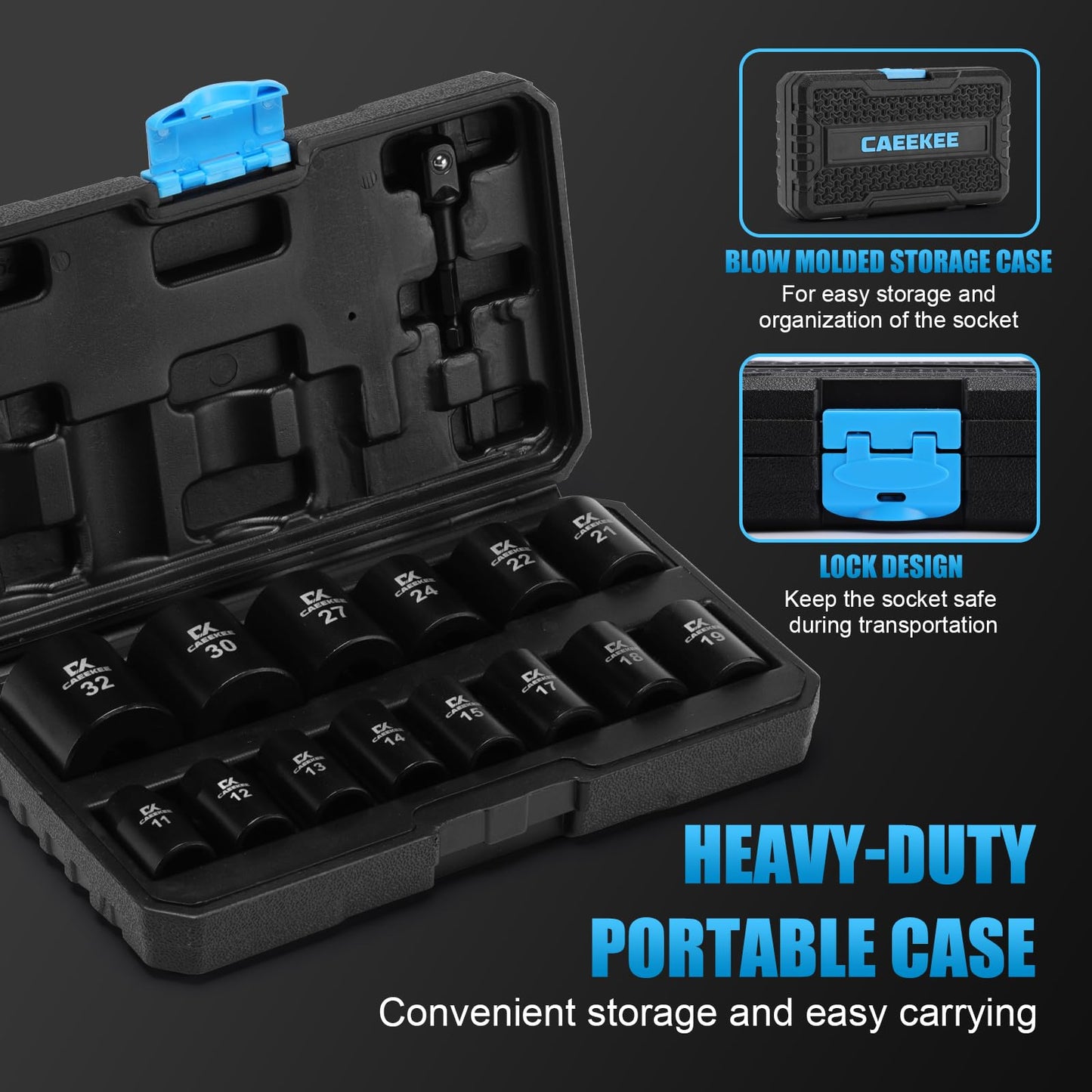 CaeeKee 15PCS 1/2" Drive Shallow 12-Point Impact Socket Set, Metric(11mm - 32mm), Cr-V Steel, Includes Drill Socket Adapter
