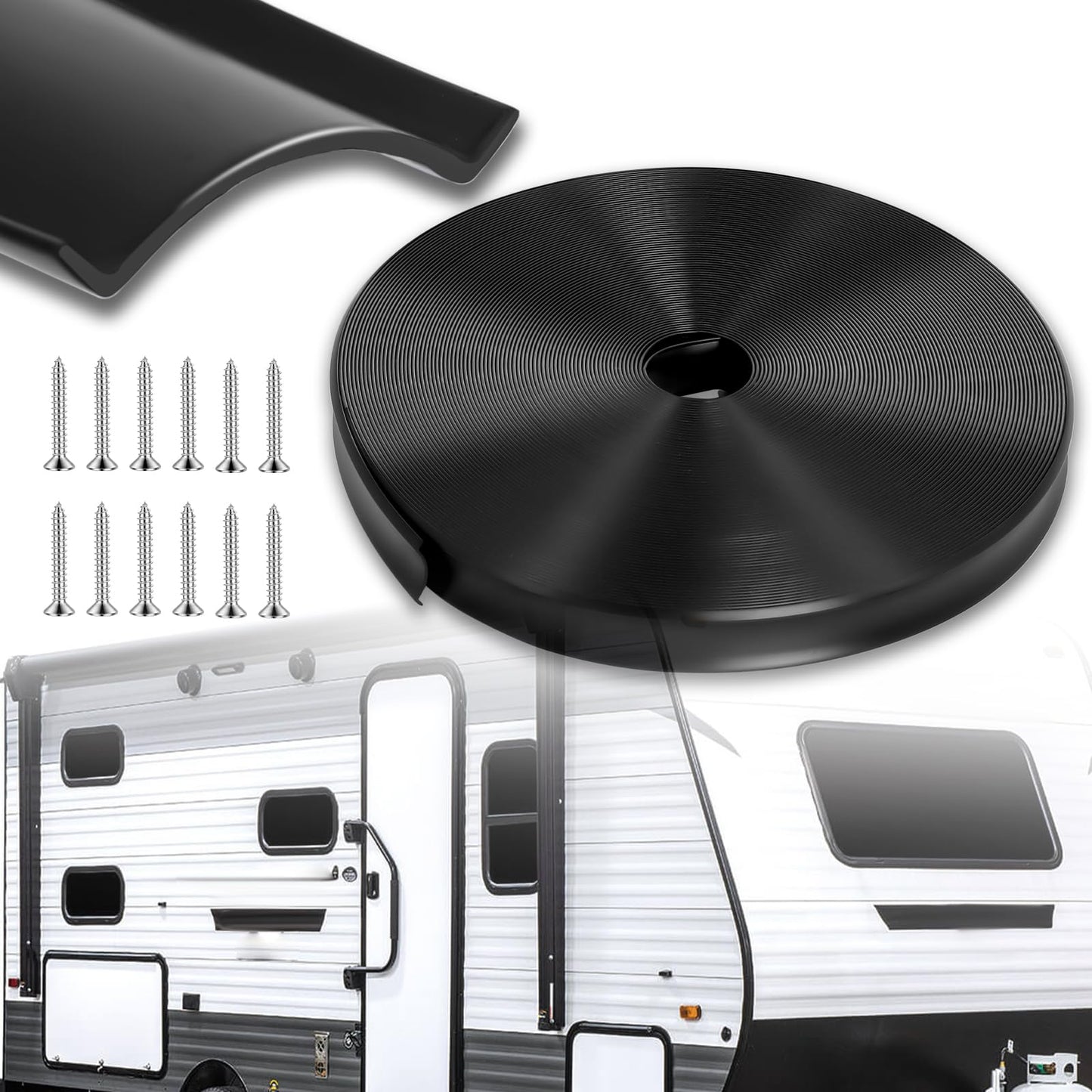 1" RV Vinyl Trim Insert 50 FT with 8 Screws, RV Corner Trim Molding Exterior,Screw Cover for RV Camper Travel Trailer,Black