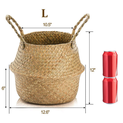 Yesland 2 Pack Woven Seagrass Plant Basket with Handles, Ideal Storage Plant Pot Cover for Laundry, Picnic, Beach Bag and Grocery Basket (L)