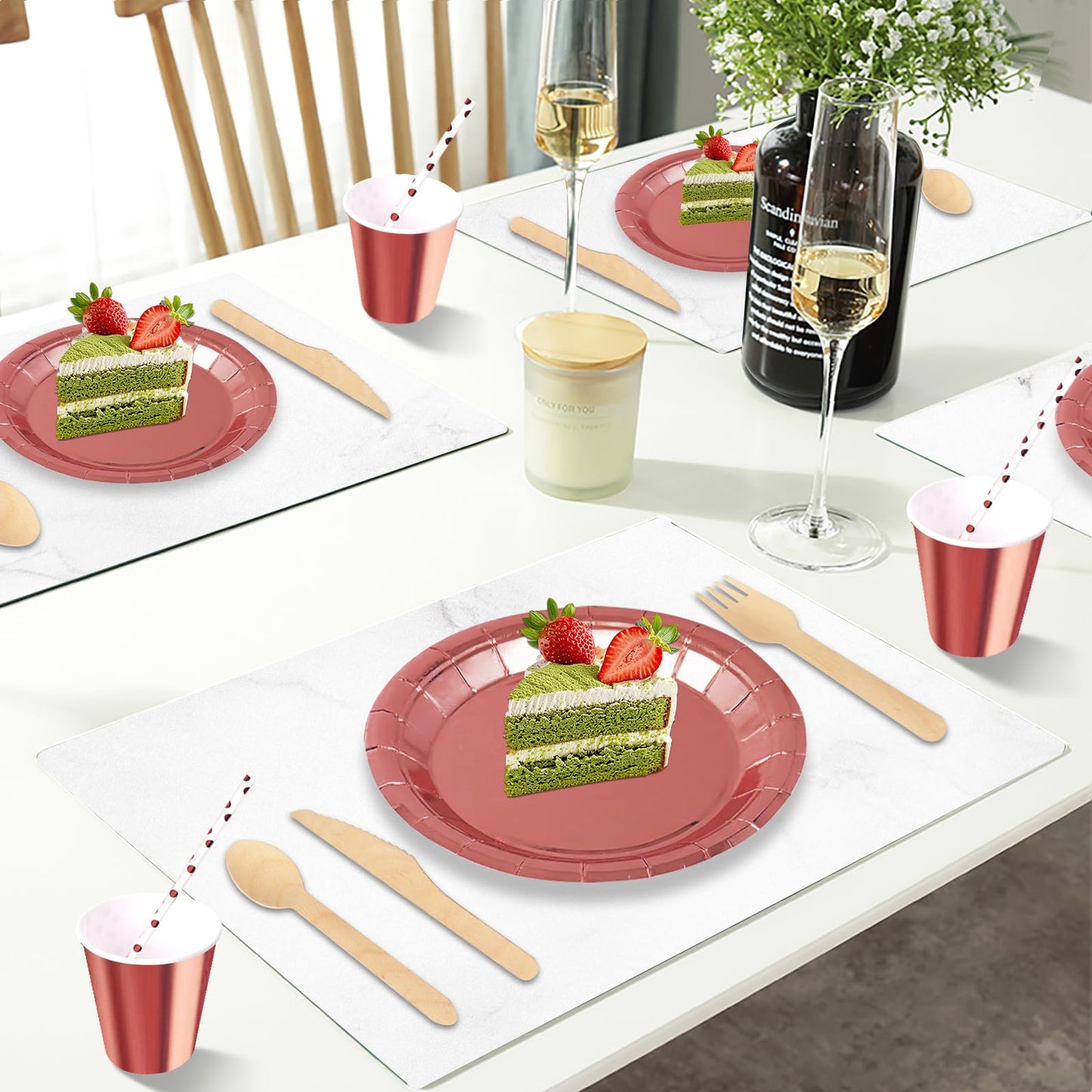 Nkaiso 193 Piece Rosegold Party Tableware, Party Paper Plates and Cutlery Set Includes Plates Cups Dinnerware Napkins, for Birthday Wedding Babyshower Decorations Supplies-24 Guests