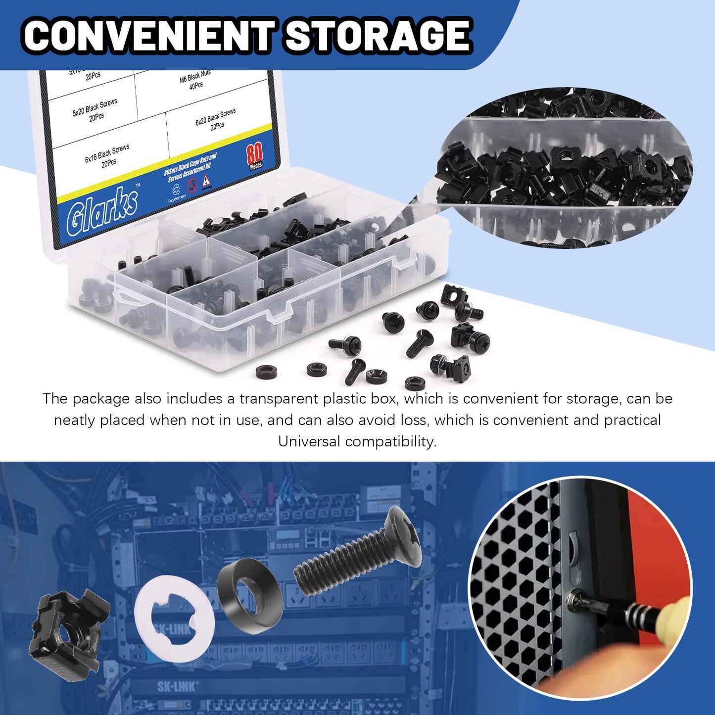 Glarks 80Sets/160Pcs M5 M6 Cage Nuts and Screws Set, M5 x 16mm, M5 x 20mm, M6 x 16mm, M6 x 20mm Square Hole Hardware Cage Nuts & Mounting Screws Washers for Server Rack and Cabinet (Black)