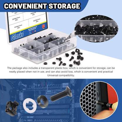 Glarks 80Sets/160Pcs M5 M6 Cage Nuts and Screws Set, M5 x 16mm, M5 x 20mm, M6 x 16mm, M6 x 20mm Square Hole Hardware Cage Nuts & Mounting Screws Washers for Server Rack and Cabinet (Black)