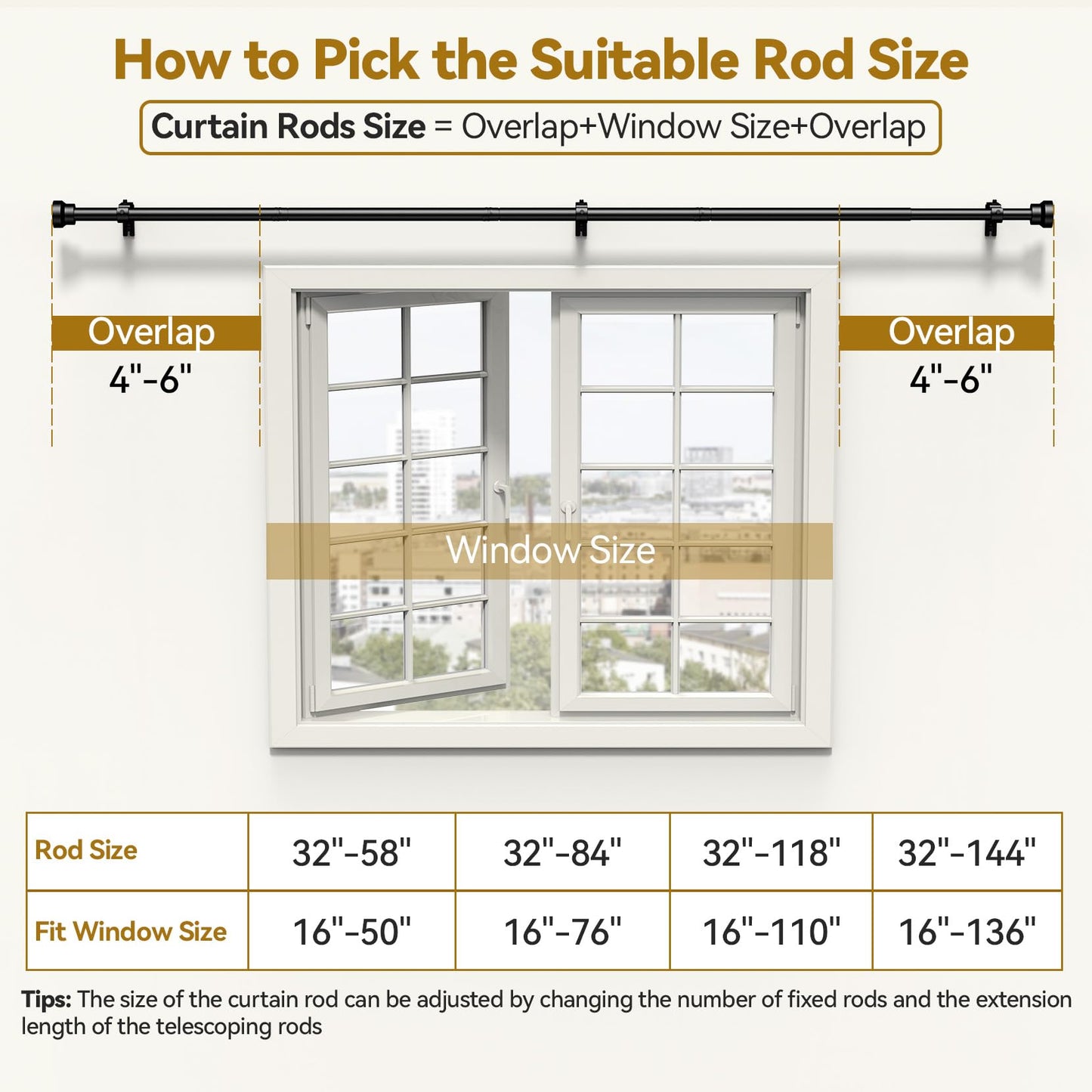 YaFex Curtain Rod 32-84 Inch, Heavy Duty 1 Inch Adjustable Curtain Pole, Black Long Curtains Rods for Window, Modern Design, Easy Installation